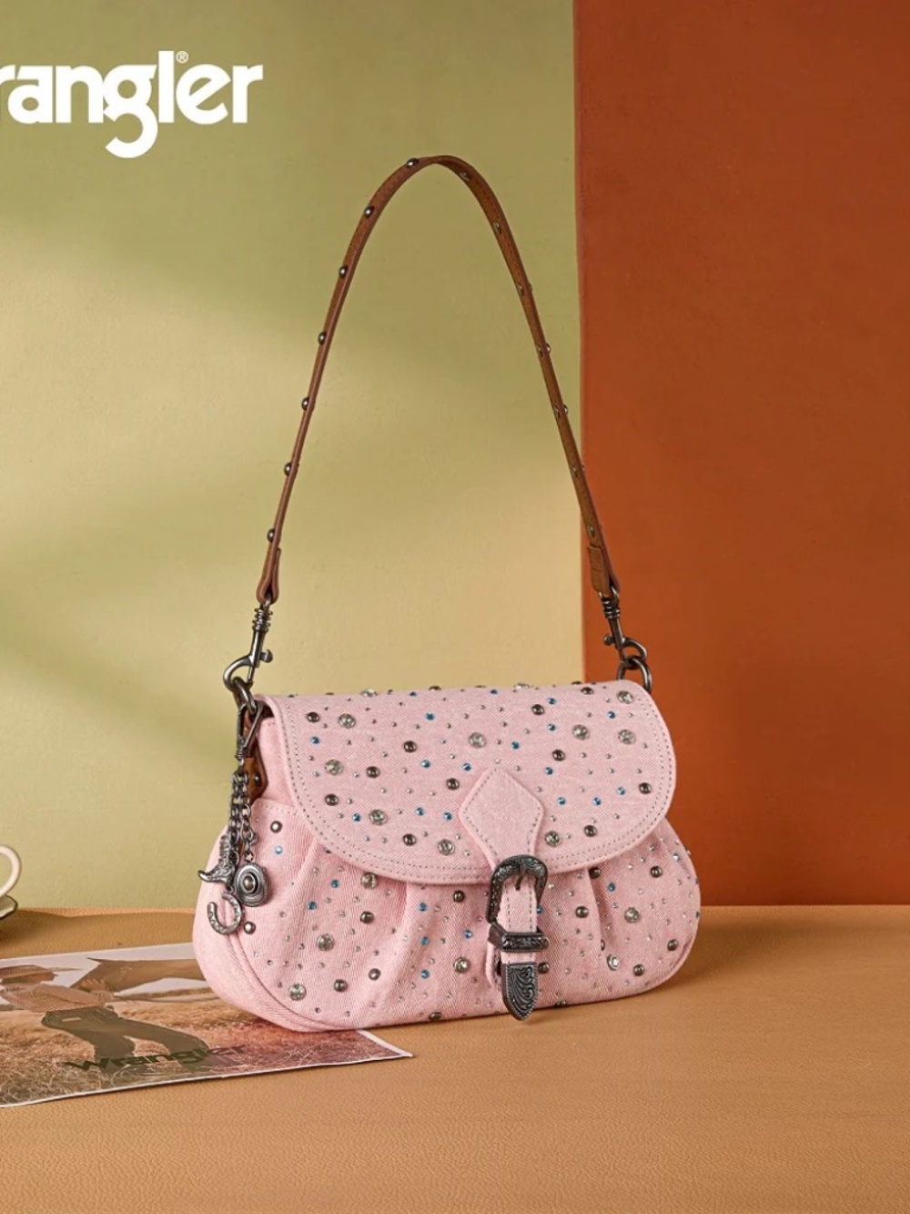 Wrangler Pink Studded Shoulder Bag with Brown Strap